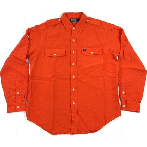 Vintage Polo Ralph Lauren Mens Size Large Safari Work Shirt Orange Linen Silk